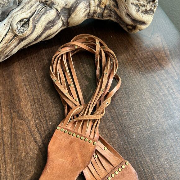 Tan Multi Strap Studded Tan 2 1/2" Leather Belt BUCKLE SZ Medium - Picture 4 of 7